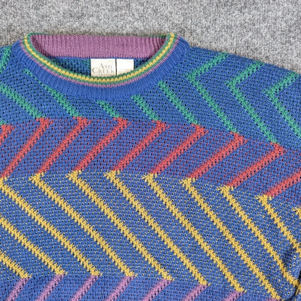 Ash Creek Trading Mens XL Vintage Geometric Chevron Knit Crewneck Sweater Blue